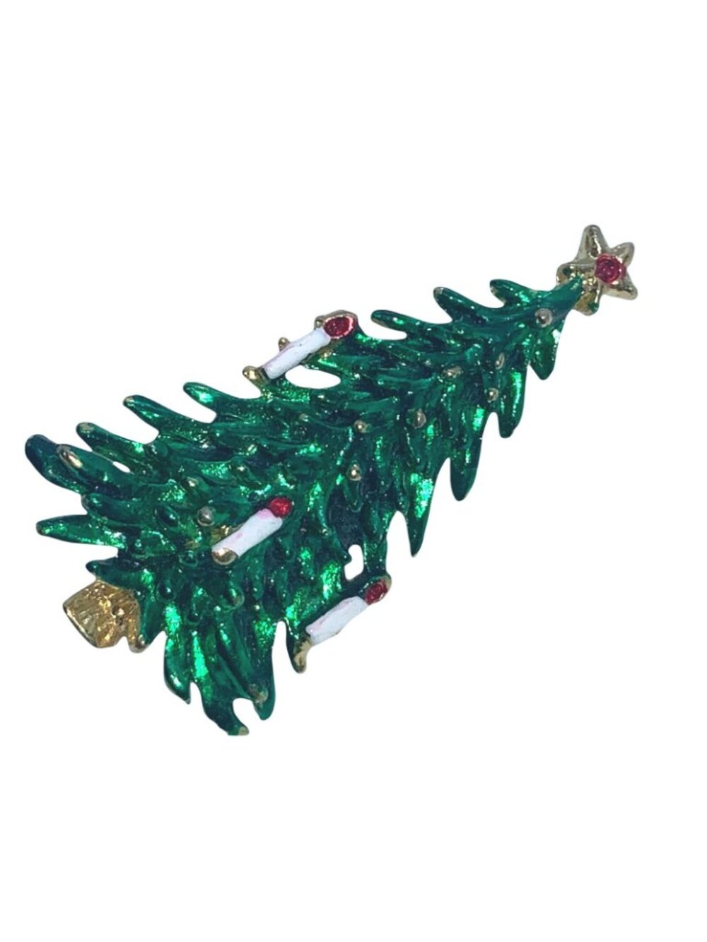 Green Enamel Gold Tone Candles Christmas Tree with Candles Pin Brooch Vintage - Picture 4 of 7